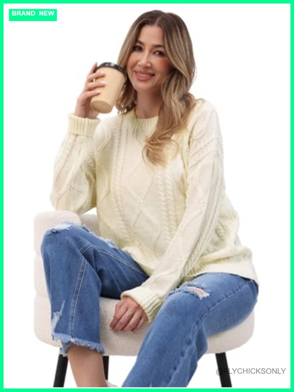 Women's Oversized Cable Knit Chunky Pullover Sweater Crew Neck - Picture 3 of 6
